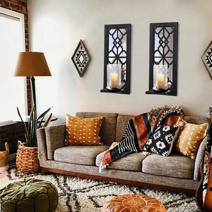 Wood Wall Sconce Candle Holder Set 2, Rustic Wall-Mount Candle Holders, Farmhouse Hanging Wall Décor, Carved Wood Frame, Mirrored Candle Holder (Distressed White)