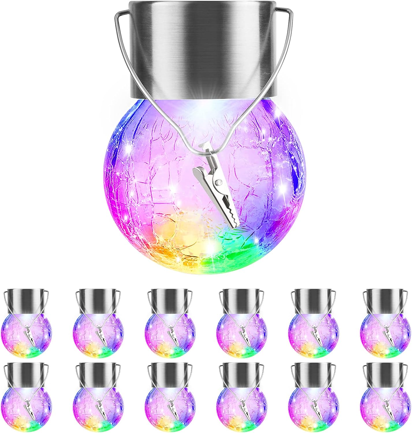 Solar Outdoor Lights Decorative 12 Pack, Hanging Solar Garden Lights Waterproof, Solar Powered Globe Cracked Glass Ball Lantern for Yard Patio Fence Tree Umbrella Holiday Decoration, Warm White
