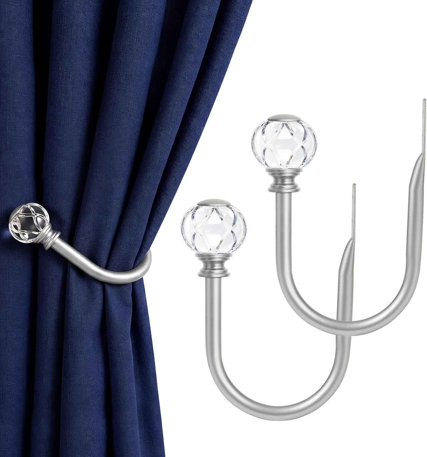 KAMANINA Curtain Holdbacks 2pcs, Gold Curtain Tiebacks, Window Curtains Hooks for Wall, Decorative Holders for Drapes with Crystal Finials(5.4" L × 4.1" W)