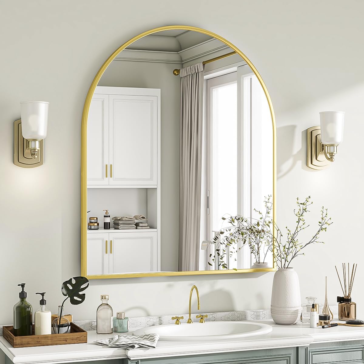 VooBang Arched Wall Mirror, 24 x 36 inch Arch Bathroom Mirror, Wall Mounted Vanity Mirror with Arch Metal Frame, Modern Bathroom Vanity Mirror for Bedroom, Living Room, Hanging or Leaning, Black
