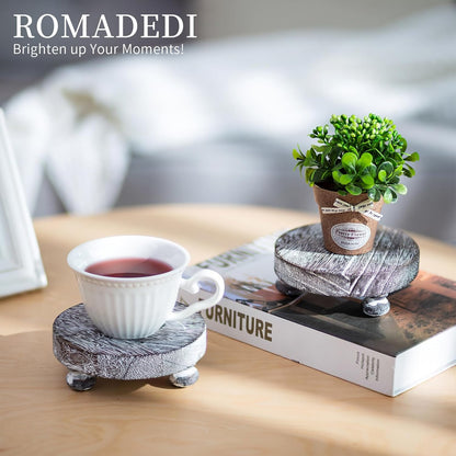 Romadedi Farmhouse Wood Riser for Display- 2 pcs Rustic Decor Mini Wooden Pedestal Decorative Round Tray for Home Table Bathroom Counter Shelf Kitchen, Brown