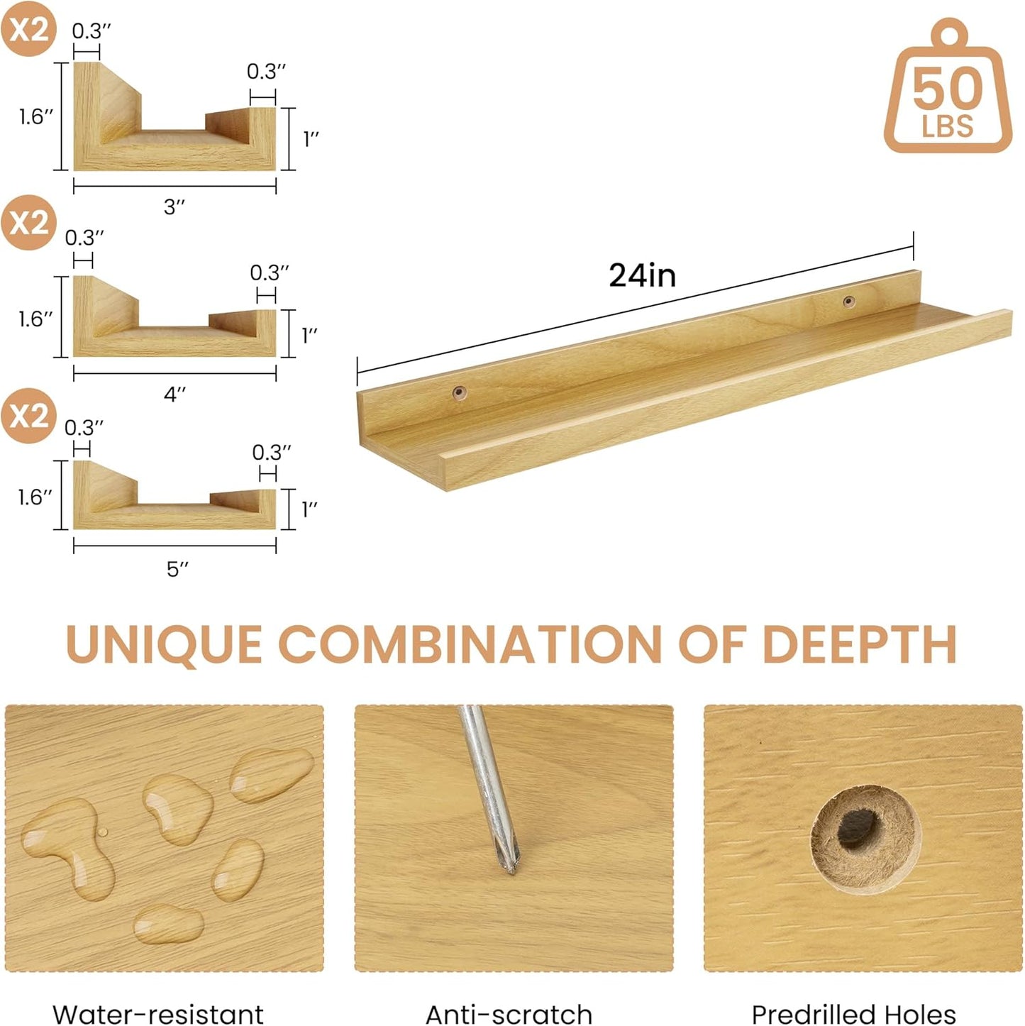 Acovy Picture Ledge Shelf Set of 6, 48 inch Long Large Floating Shelves for Wall with Lip, Wall Mounted Shelves for Living Room, Bedroom, Bathroom, Kitchen, Nursery,Oak
