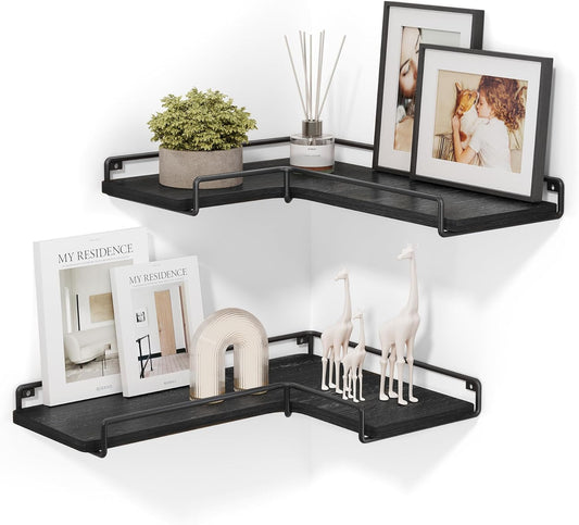 VASAGLE Corner Shelf Wall Mount Set of 2, Floating Shelves, Small Wall Shelf for Decor Storage, for Living Room Bedroom Kitchen Bathroom, Rustic Brown and Black ULLS831B01