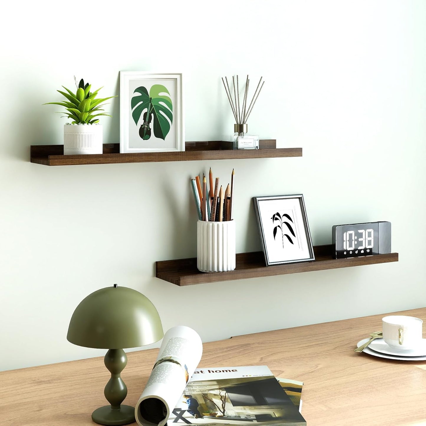 White Floating Shelves for Wall Decor, Wall Mounted Wood Storage Shelf for Bedroom, Living Room, Bathroom, Kitchen, Nursery, Display Picture Ledge Shelf with Lip Set of 2-14 Inches, White