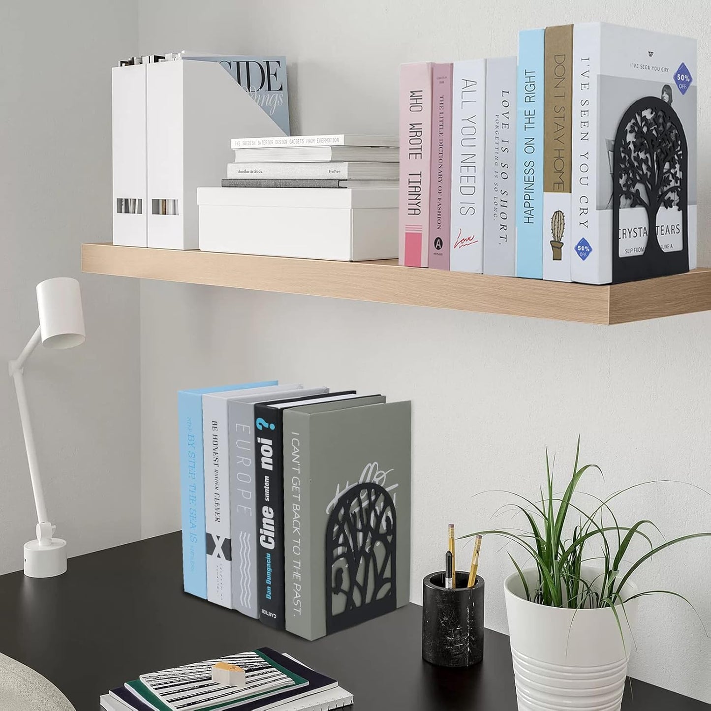 EOOUT Bookends for Shelves Decorative, 5 Pairs of Tree Bookends Supports, Black Metal Book Stoppers for Heavy Books, Heavy Duty Book Ends for Home Office School.