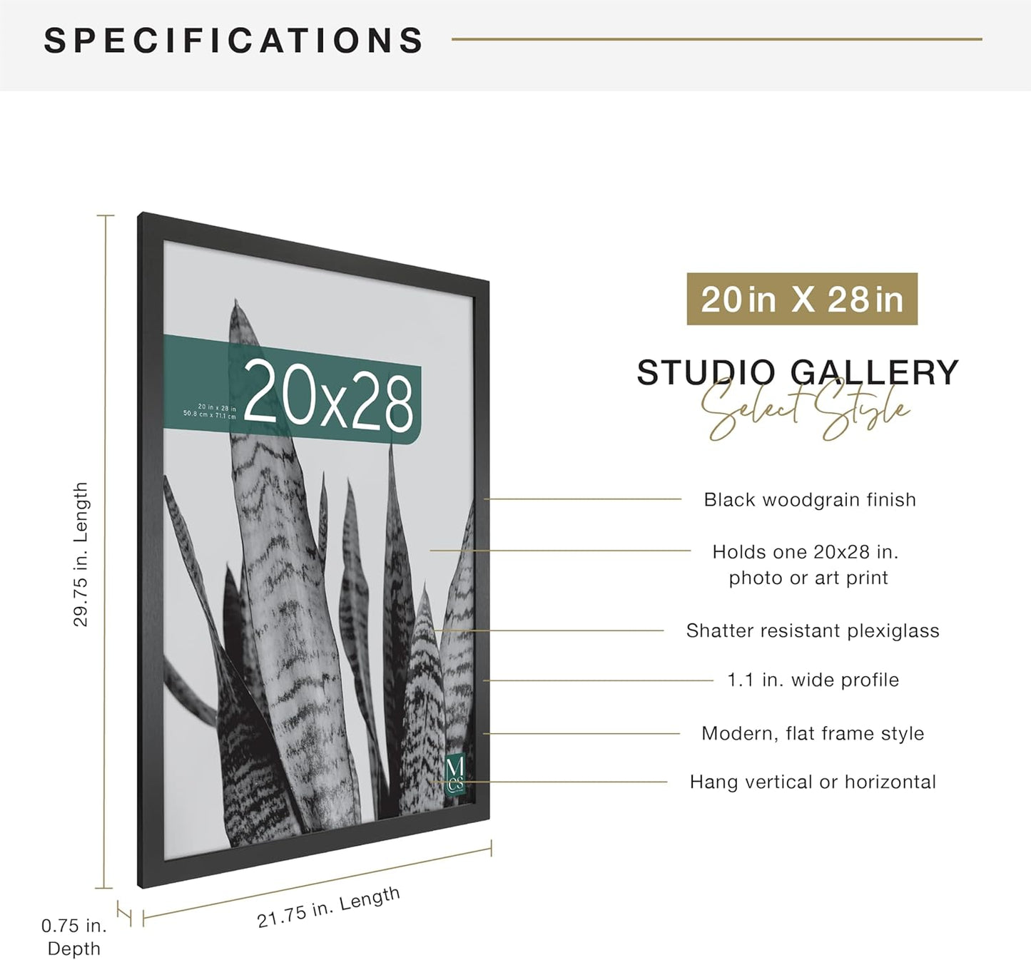 MCS Studio Gallery 16x24 Poster Frame Black Woodgrain Engineered Wood, Vertical & Horizontal Wall Hanging Large Picture Frame for Photos, Posters & Art Prints (1-Pack)