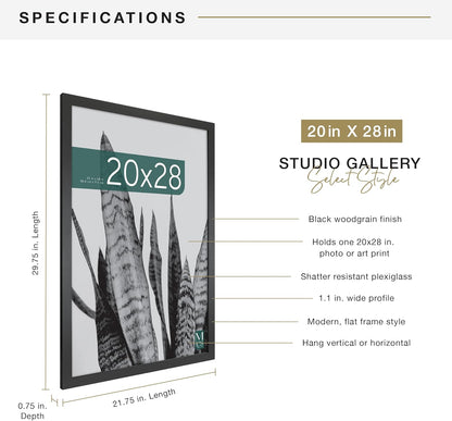 MCS Studio Gallery 16x24 Poster Frame Black Woodgrain Engineered Wood, Vertical & Horizontal Wall Hanging Large Picture Frame for Photos, Posters & Art Prints (1-Pack)