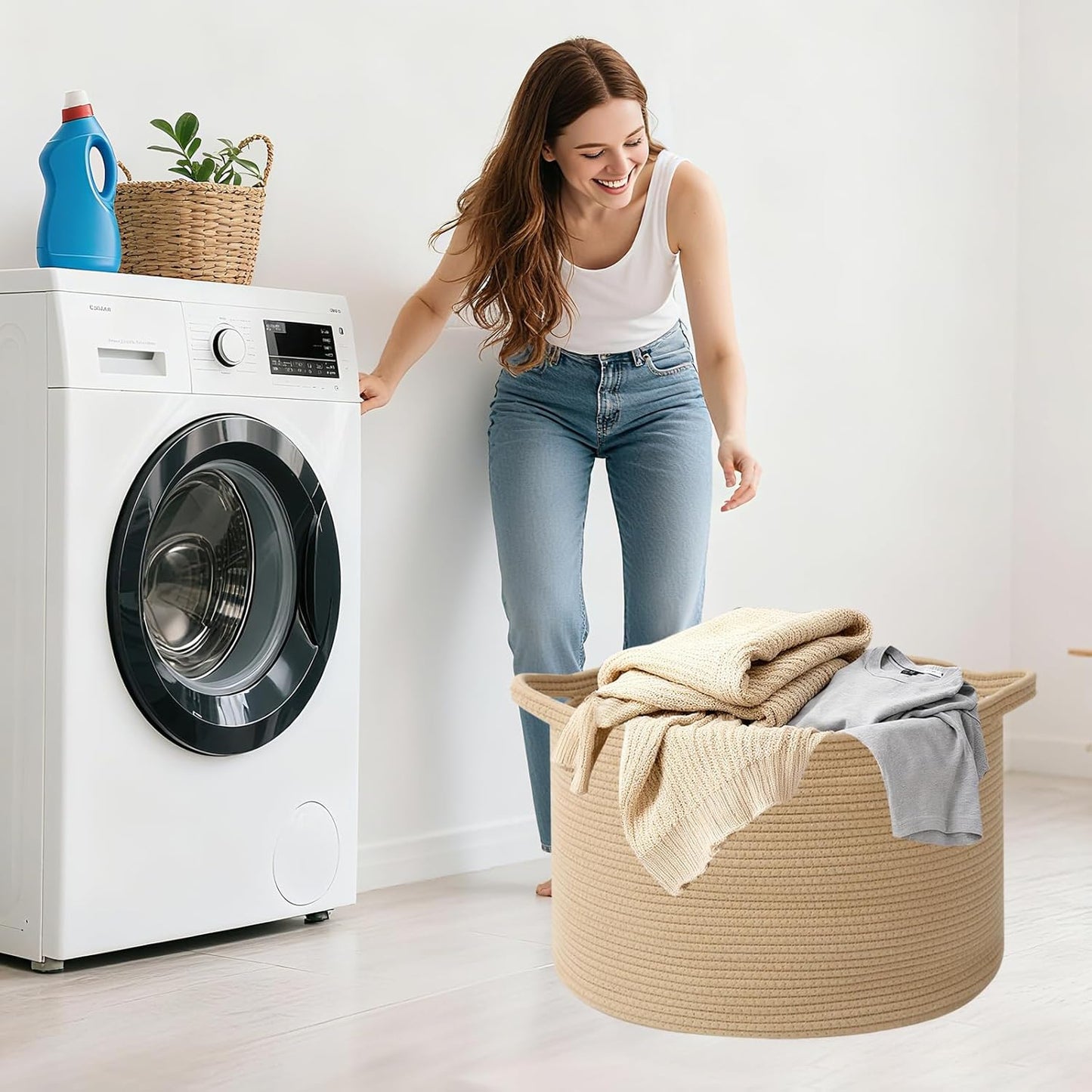 Large Woven Blanket Basket,65L Cotton Rope Laundry Basket Hamper with Handles, Decorative Nursery Basket Storage Bin for Toys, Clothes Organizer, Living Room, Bedroom, Bathroom, White & Brown