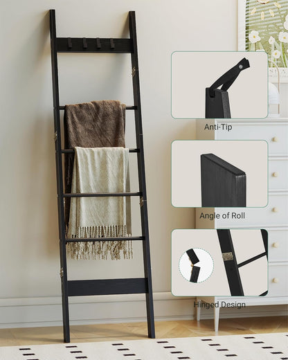 Hzuaneri Blanket Ladder for Living Room, Decorative Quilt Rack with 4 Removable Hooks, 5-Tier Farmhouse Ladder Holder Shelf Organizer for Bedroom, Rustic Brown and Black 02101BBR
