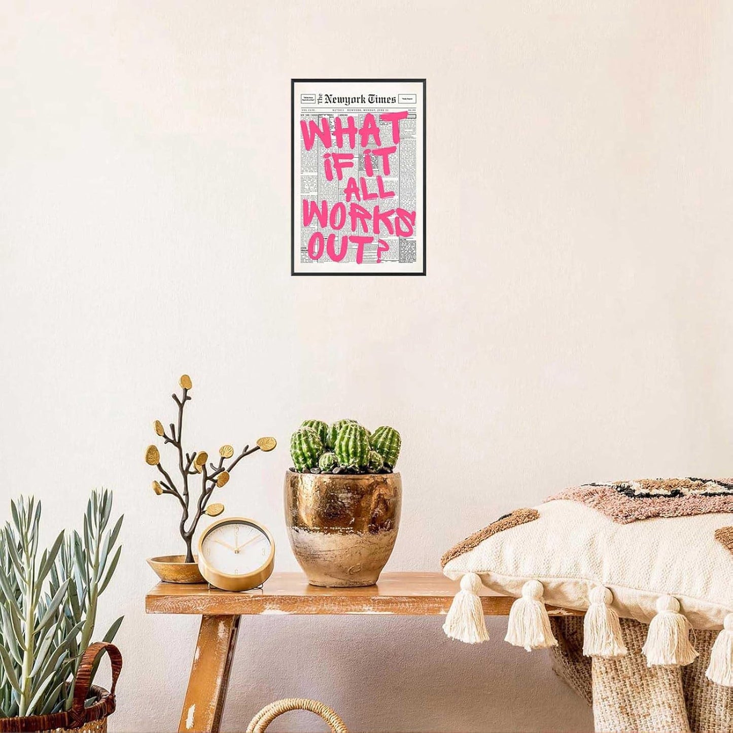 Retro Black And White Newspaper Poster What If It All Works Out Canvas Wall Art Positive Affirming Quote Minimalist Prints Painting For Home Bedroom Dorm Wall Decor 12x16in Unframed