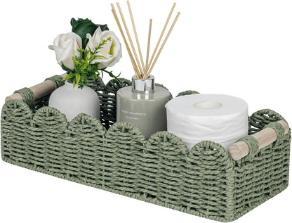 CubesLand Paper Rope Scalloped Edge Toilet Paper Storage Basket, Small Living Room, Bedroom Decor Baskets for Over Toilet Storage Shelf, End Table, Shelves and More, with 2 Wooden Handle, Neutral