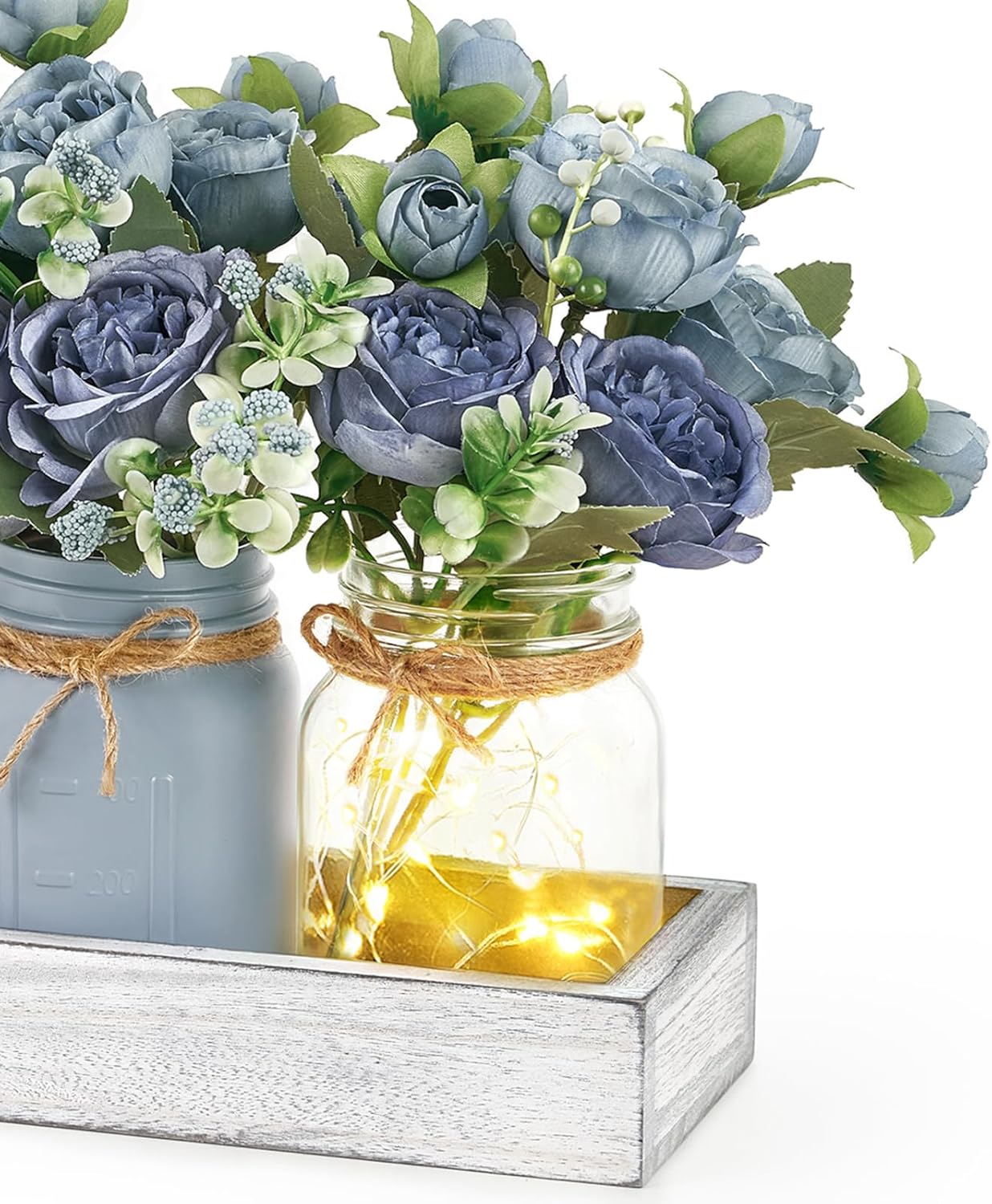 Mkono Mason Jar Lights Centerpiece Table Decor for Dining Room Farmhouse Wood Tray with 3 Jars Flowers Valentines Day Decoration for Coffee Table Kitchen Living Room Wedding