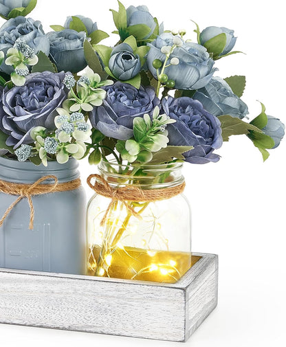 Mkono Mason Jar Lights Centerpiece Table Decor for Dining Room Farmhouse Wood Tray with 3 Jars Flowers Valentines Day Decoration for Coffee Table Kitchen Living Room Wedding
