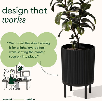 Veradek Demi Series Round Planter w/ Stand for Porch/Patio | Durable Plastic-Concrete & Wooden Stand | Modern Décor for Tall Plants, Flowers