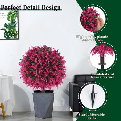 Artificial Lavender Topiary Ball Trees, 2 Set of UV Resistant Fake Evergreen Shrubs Bushes Plants with Ground Spike, Fake Plants for Outdoor Indoor Front Porch Garden