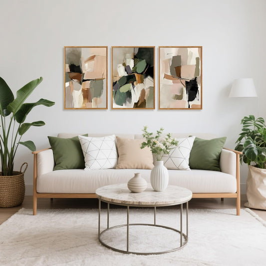 CHDITB Modern Abstract Framed Canvas Wall Art Set, Minimalist Wall Decor, Neutral Pastel Illustration Artwork Vintage Aesthetics Painting, Large 3 Piece Art Prints for Living Room, Bedroom 24"x36"x3 - Colors A