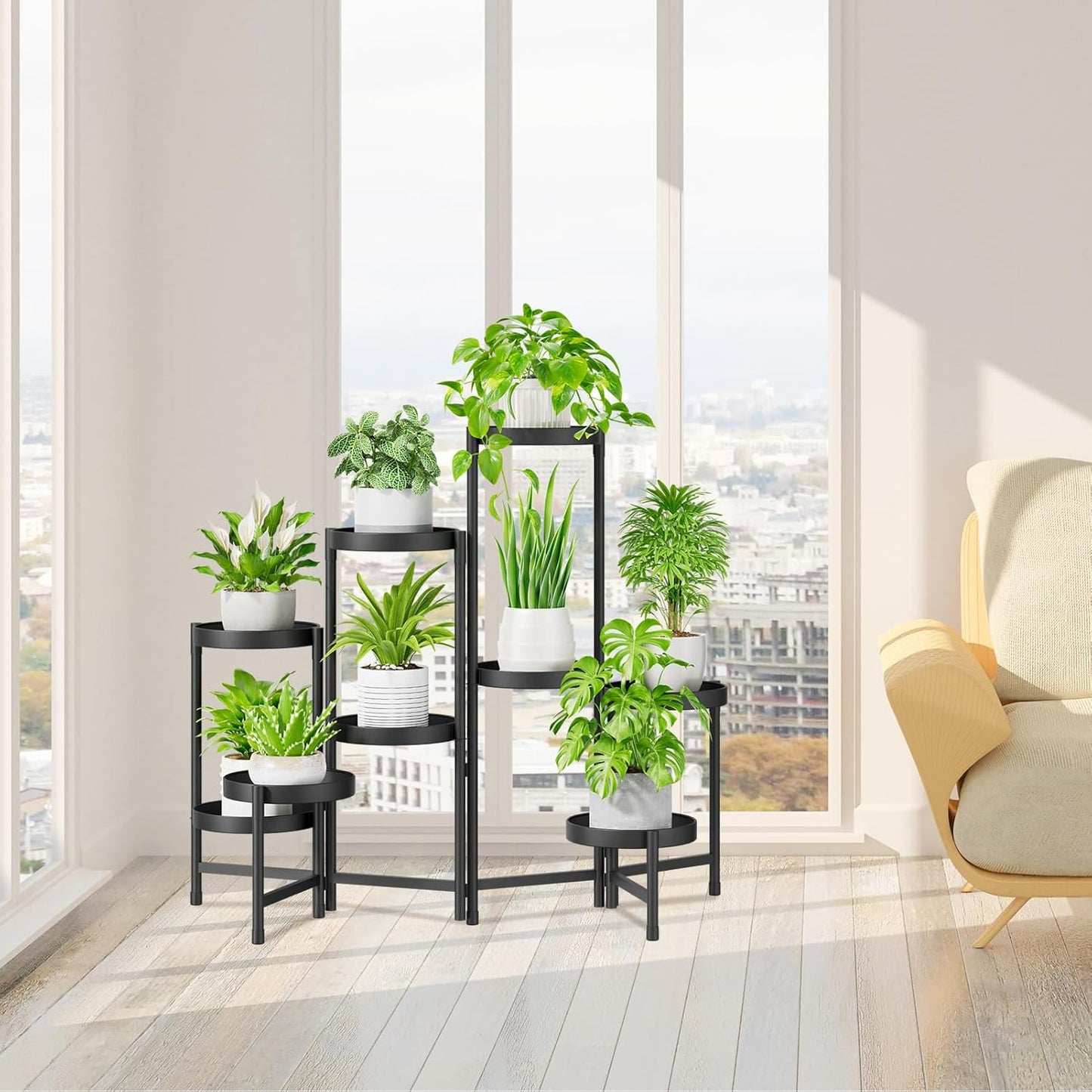iDavosic.ly Plant Stand Indoor Outdoor, 5 Tier Corner Metal Flower Display Holder Shelf, Folding Tall Orchid Rack for Patio Balcony Porch Garden Living Room House, Black