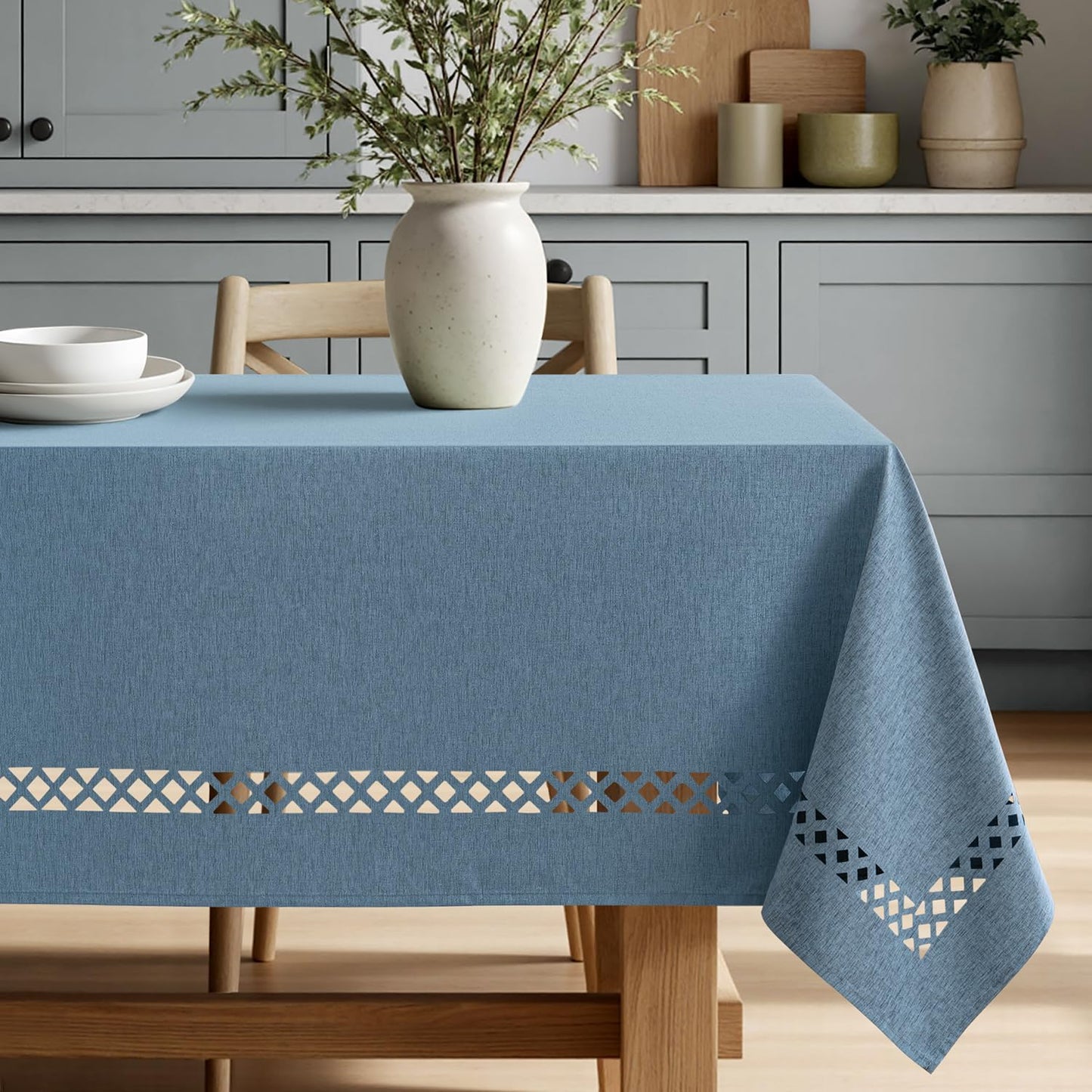 MIULEE Beige Rectangle Linen Polyester Tablecloth with Decorative Cutouts Spring Waterproof Stain Resistant & Shrink-Proof Table Cloth 52x70 inch Farmhouse Style for Dining Wedding and Outdoor