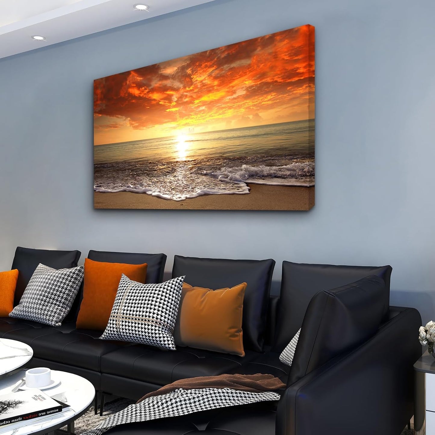 Baisuart S02250 Canvas Prints Wall Art Beach Sunset Ocean Waves Nature Pictures Stretched Canvas Wooden Framed for living Room Bedroom and Office