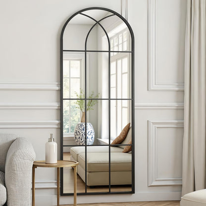 Dewfig 65"x 22" Arched Window pane Full Length Mirror, Wall Mirror, Floor Standing Mirrors, Farmhouse Long Full Body Mirrors Wall Mounted for Living Room, Bedroom, Entryway, Fireplace, Black