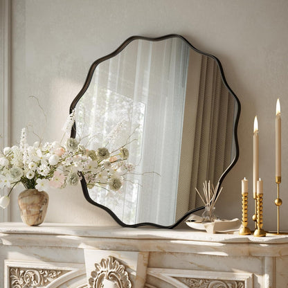 VooBang Black Scalloped Large Circle Mirror, 42" Wavy Edge Round Wall Mirror with Tempered Glass Textured Circular Metal Deep Frame, Hanging Leaning for Bathroom, Hallway, Entryway, Livng Room
