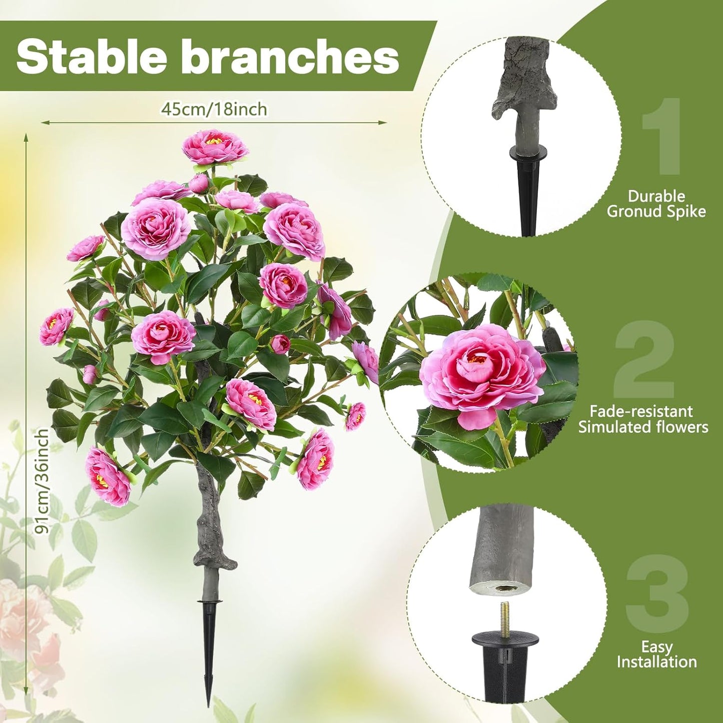Lunmon 2 Pack 3ft Artificial Camellia Plants Tree 36" Faux Camellia Flower with Spike UV Resistant Realistic Fake Floral Blooming Bush for Indoor Outdoor Front Door Porch Backyard Garden, Purple