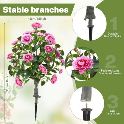 Lunmon 2 Pack 3ft Artificial Camellia Plants Tree 36" Faux Camellia Flower with Spike UV Resistant Realistic Fake Floral Blooming Bush for Indoor Outdoor Front Door Porch Backyard Garden, Purple