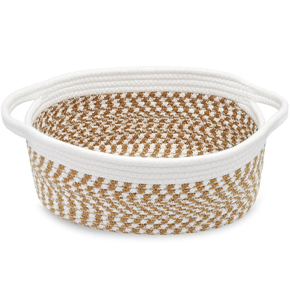 ABenkle Small Basket with Handles, Boho Decorative Rope Woven Dog Cat Toy Storage Bin Shelf Storage Organizer, Easter Christmas Gift Basket, 12"x8"x5", White