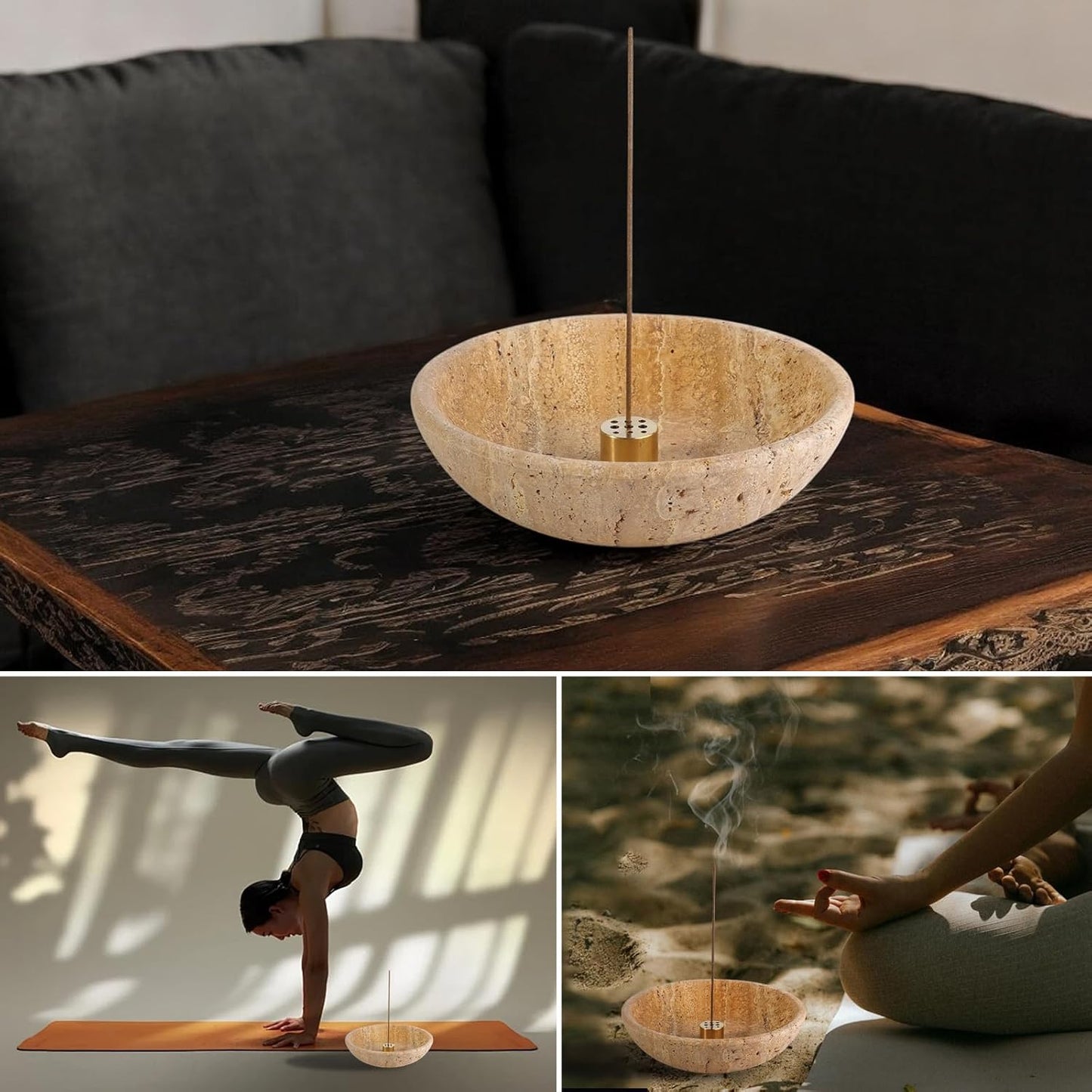 Koville Italian Travertine Incense Holder, 6" Incense Holders for Sticks, Sturdy Incense Burner Ash Catcher, Ideal for Meditation, Relaxing, Easy to Clean