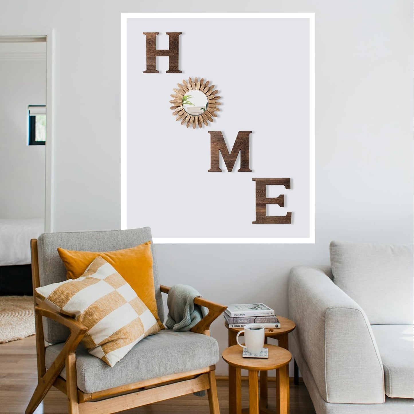 CHIF HAUTH Wood Home Sign with Sunflower Shaped Wood Mirror for O, Thick Letters for Wall Art, Rustic Decor, Farmhouse Home Wall Decor for Living Room, Entryway