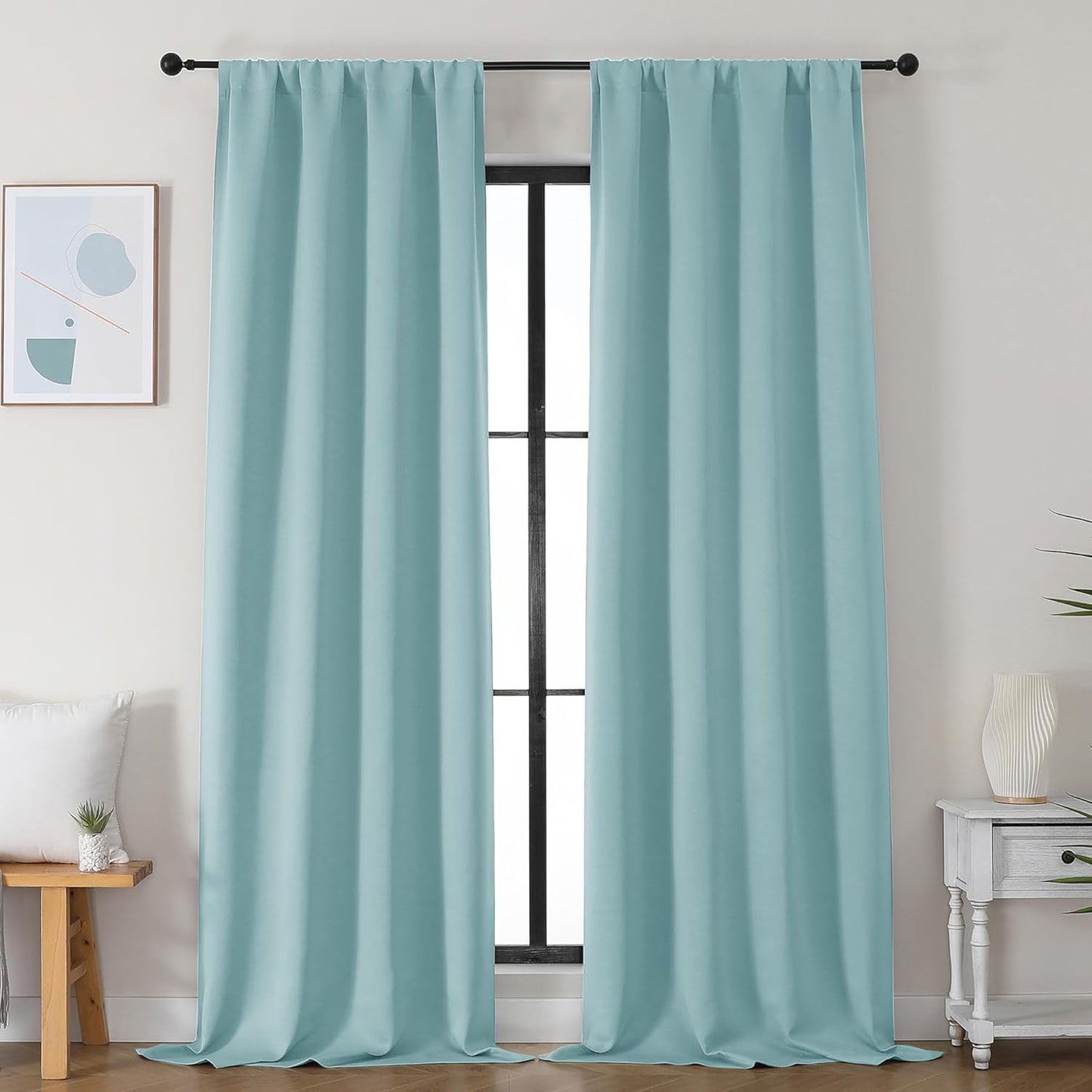 Simplebrand Ava Sage Green Blackout Curtains for Bedroom 63 Inch Length 2 Panels Set, Solid Thermal Insulated Energy Saving Rod Pocket Window Treatment Curtains Blackout Drapes, W40 x L63 Inch, Sage - Colors A