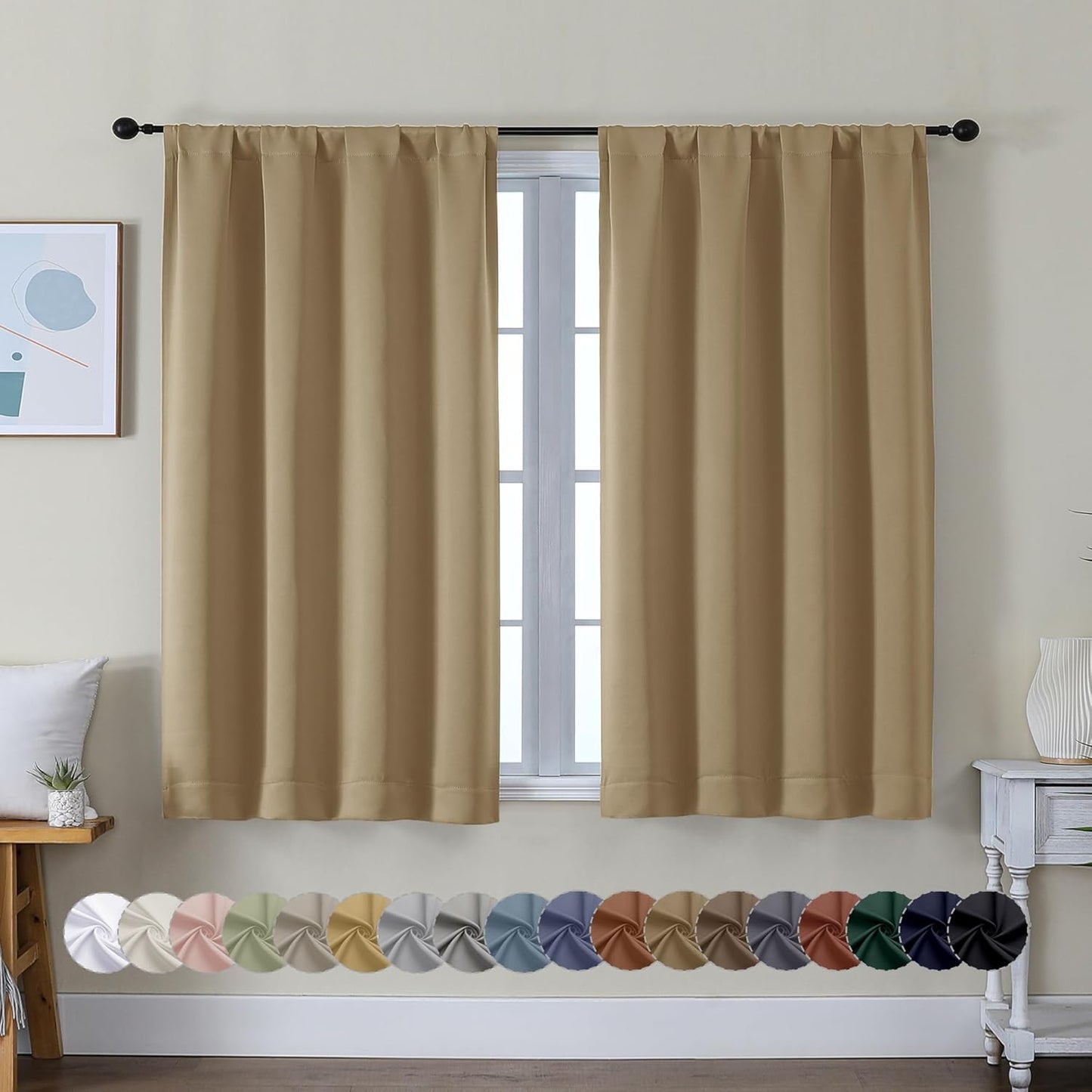 Simplebrand Ava Sage Green Blackout Curtains for Bedroom 63 Inch Length 2 Panels Set, Solid Thermal Insulated Energy Saving Rod Pocket Window Treatment Curtains Blackout Drapes, W40 x L63 Inch, Sage - Colors C