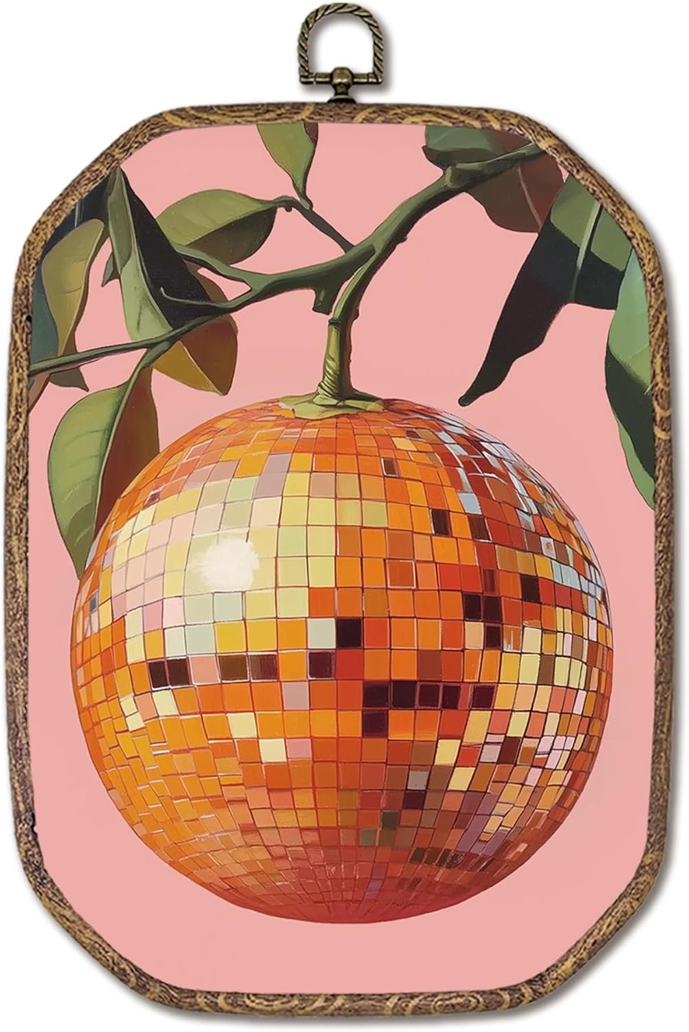 Trendy Funky Orange Disco Ball Oval Wall Art Framed, Funky Retro Oval Wall Decor, Trendy Aesthetic Hanging Canvas Prints Wall Sculptures for Home Living Room Bedroom Decor, 8.5x11.5 Inch