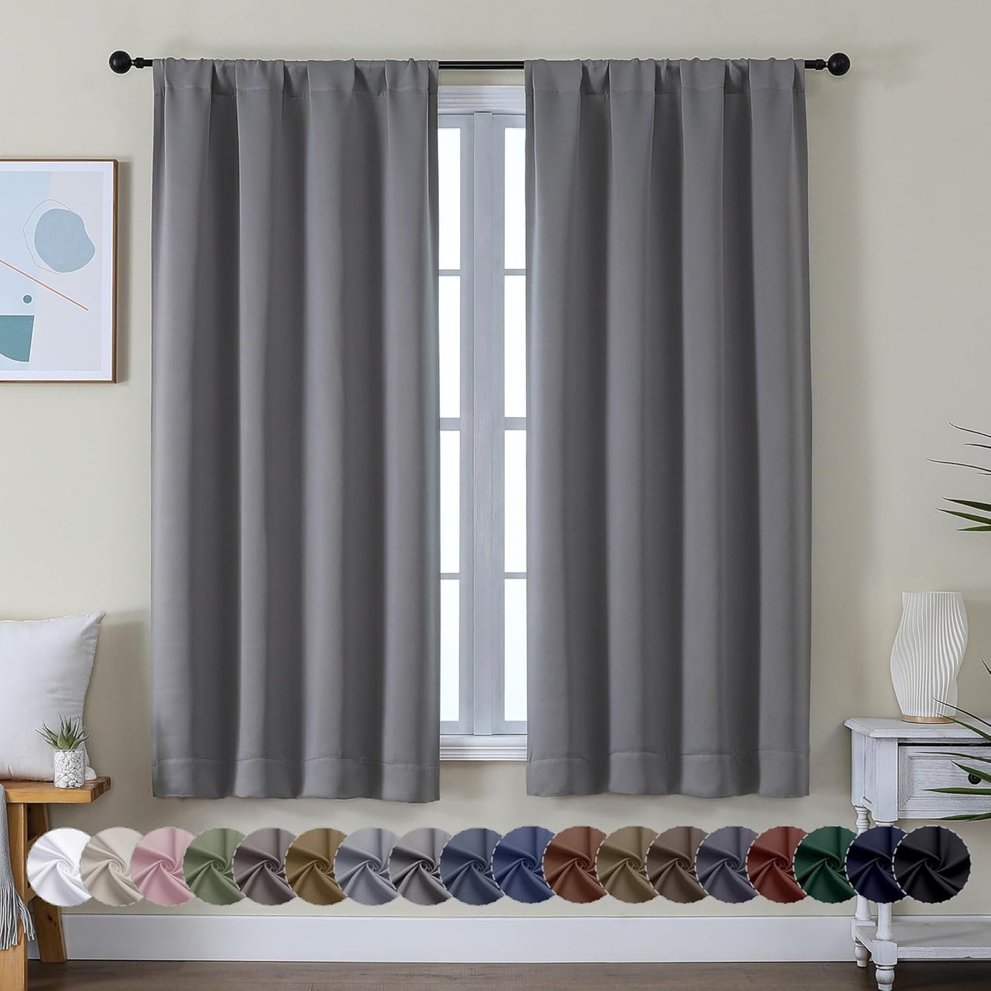 Simplebrand Ava Sage Green Blackout Curtains for Bedroom 63 Inch Length 2 Panels Set, Solid Thermal Insulated Energy Saving Rod Pocket Window Treatment Curtains Blackout Drapes, W40 x L63 Inch, Sage - Colors B