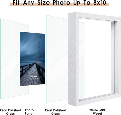 MUYE 11x14 Floating Frame Set of 2,Double Glass Rustic Frame,Display Any Size Photo up to 11x14,Wall Mount or Tabletop Standing,Natural