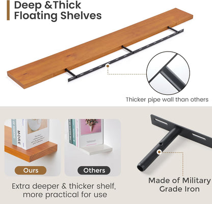 Floating Shelves 36 Inches Long - 8 Inch Deep Rustic Premium Solid Pine Wood for Storage - Farmhouse Wall Mounted for Living Room - Heavy-Duty Metal Bracket - 36" W x 8" D - Set of 2 - White Color