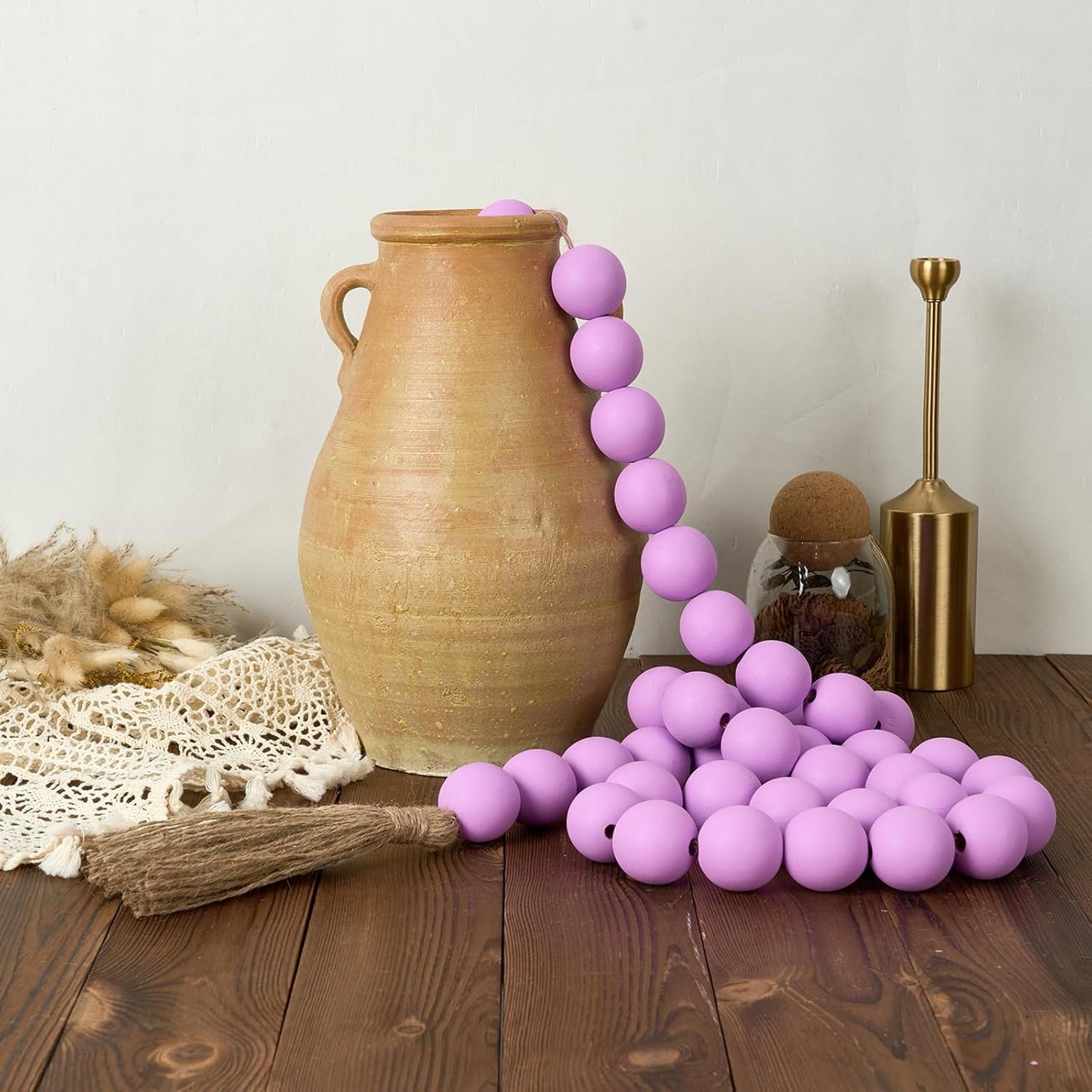 OMISHE Extra Large Wood Bead Garland with 1.6" Diameter Wooden Beads and Tassels, 41" Long Rustic Farmhouse Country Decorative Beads for Home Tiered Tray Decor, Natural Beige