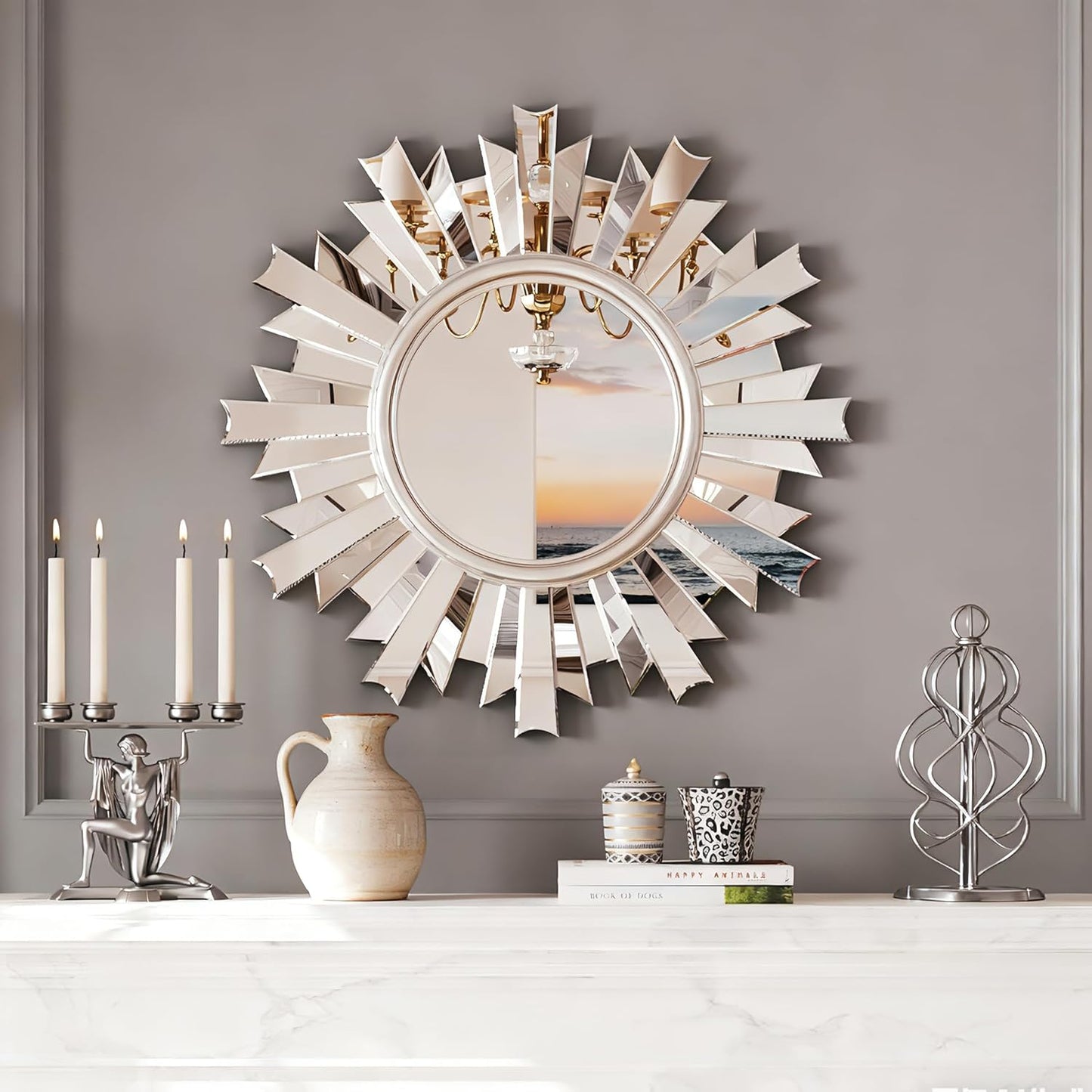 Gold Sunburst Mirror, 26" Sun Mirror Wall Decor with Beveled Glass Frame, Starburst Mirrors for Entryway, Dining Room, Living Room