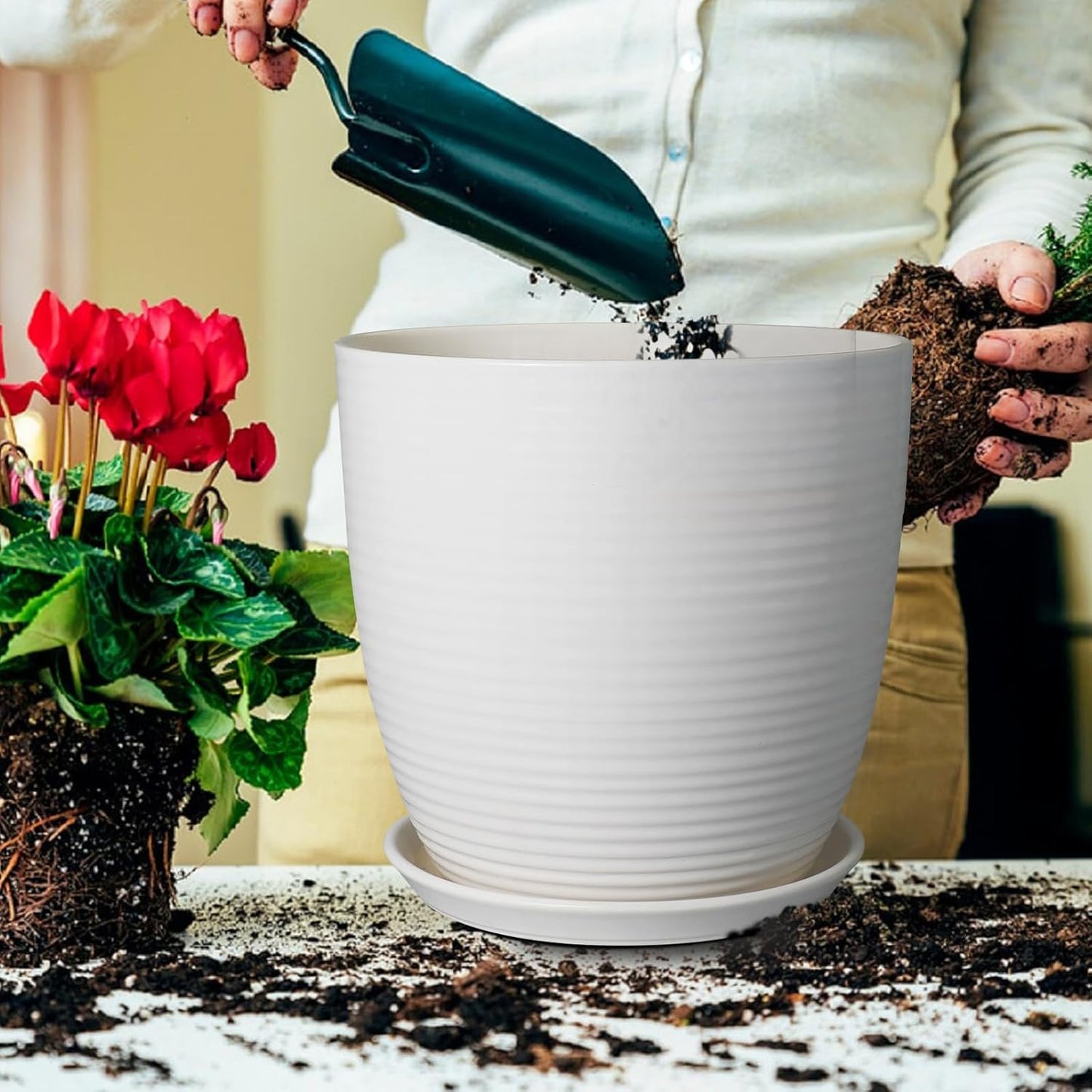 Ceramic Pots for Plants - 6 Inch Plant Pot with Drainage Hole and Saucer, Round Planters for Indoor Outdoor, Flower Pots, Modern Planter, Home Office Room Decor, Gifts for Plant Lovers, White