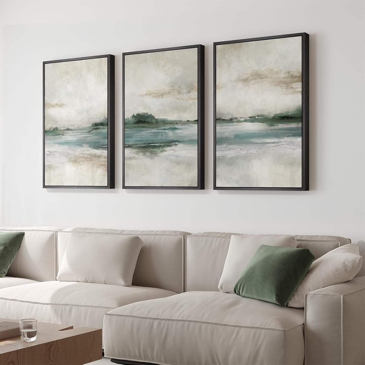 Large Framed Abstract Nature Landscape Wall Art for Living Room, Set of 3 Modern Canvas Prints Paintings Artwork for Walls, Green Lake Pictures for Hallway, Dining Room, Office Wall Decor 24x36 Inch