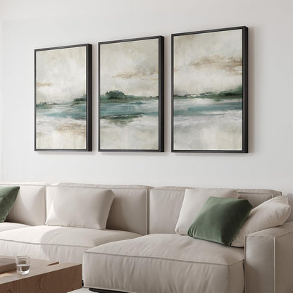 Large Framed Abstract Nature Landscape Wall Art for Living Room, Set of 3 Modern Canvas Prints Paintings Artwork for Walls, Green Lake Pictures for Hallway, Dining Room, Office Wall Decor 24x36 Inch