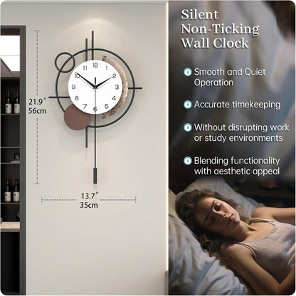 Wall Clock for Living Room Decor Decorative Wall Clock with Pendulum Silent Quartz Battery Operated Black Metal Large Clock for Dining Room,Kitchen,Home,Bathroom,Bedroom,13.8x21.3 in