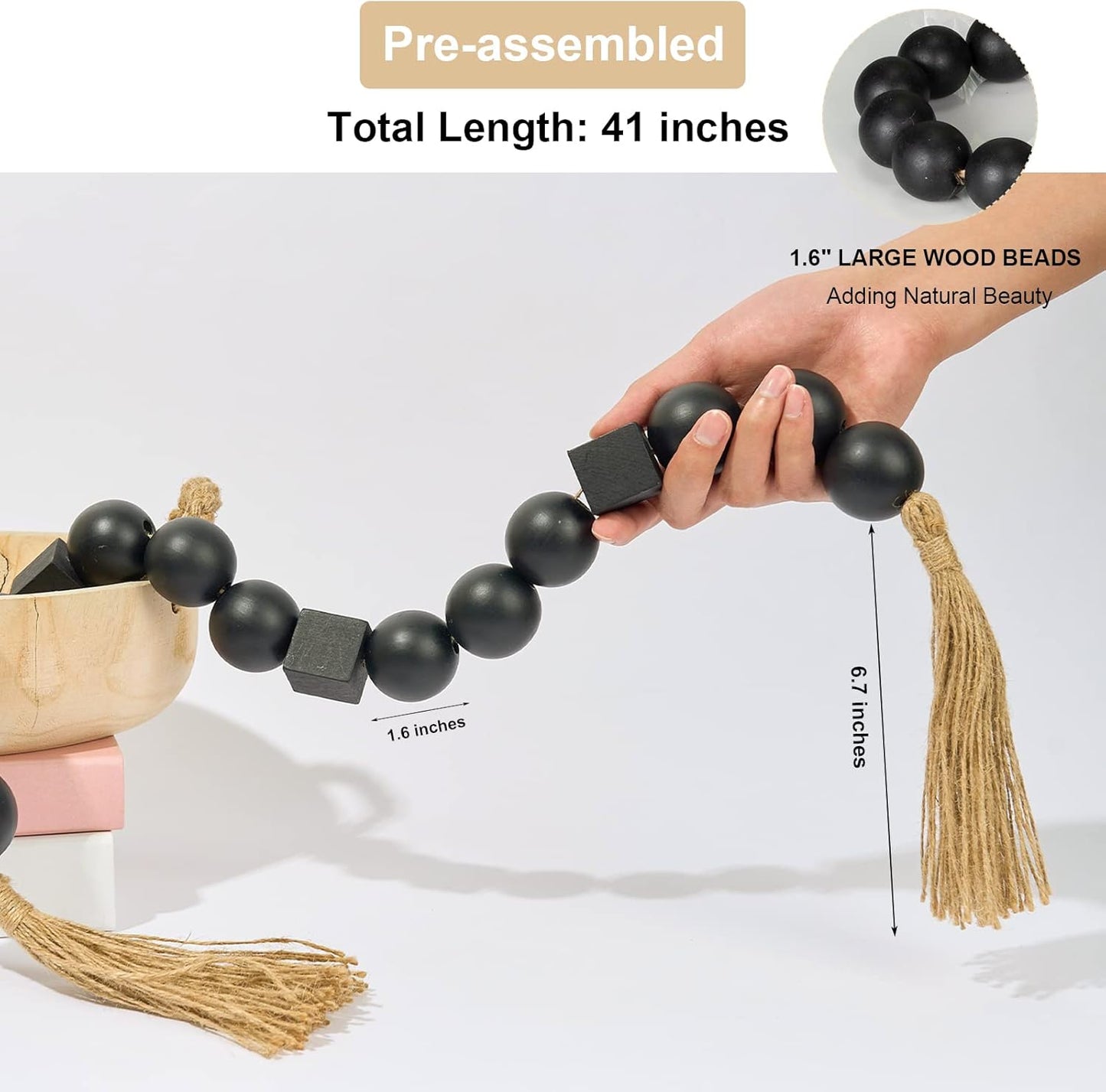 OMISHE Extra Large Wood Bead Garland with 1.6" Diameter Wooden Beads and Tassels, 41" Long Rustic Farmhouse Country Decorative Beads for Home Tiered Tray Decor, Natural Beige