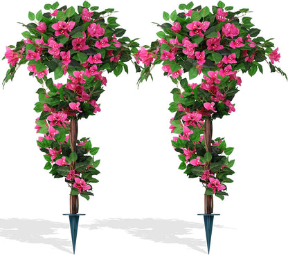 2Pack 4FT Artificial Bougainvillea Topiary Trees for Outdoor, Fake Silk Flowers Plants Bushes with Ground Spike, Faux UV Resistant Shurbs Trees for Outside,Front Porch,Patio,Balcony Decor