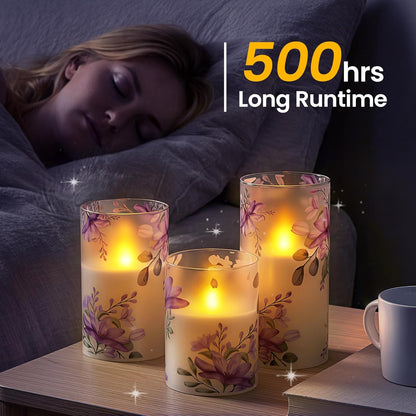 Pack of 3 Flameless Daily Timer Flickering Real Wax Pillar Candles, 3" x 4" 5" 6" LED Battery Operated Purple Flowers Glass Warm Light with Remote Control