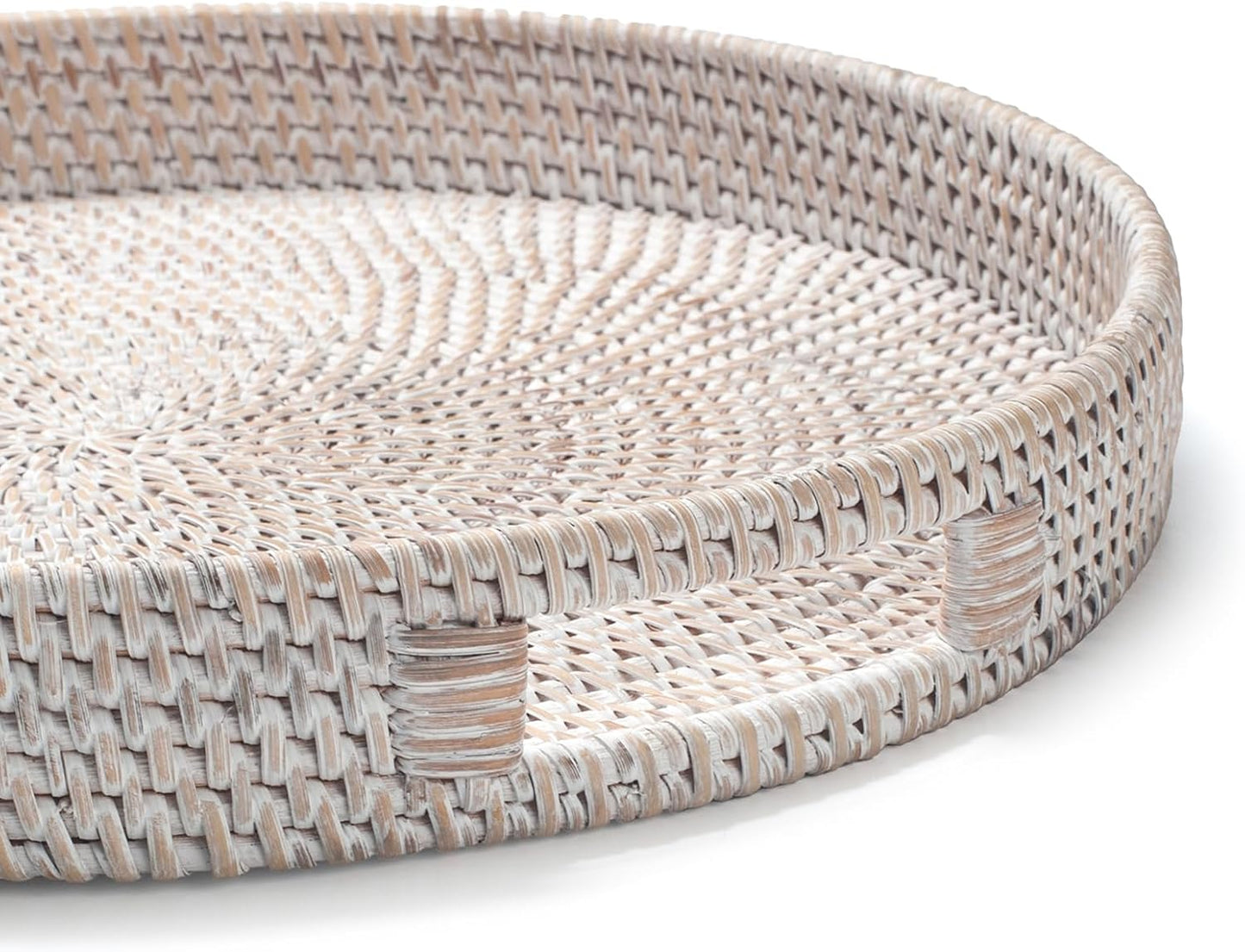 13.8 inch Round Rattan Tray, Decorative Coffee Table Tray, Ottoman Tray, Woven Serving Tray with Handles, Wicker Serving Basket, Whitewash