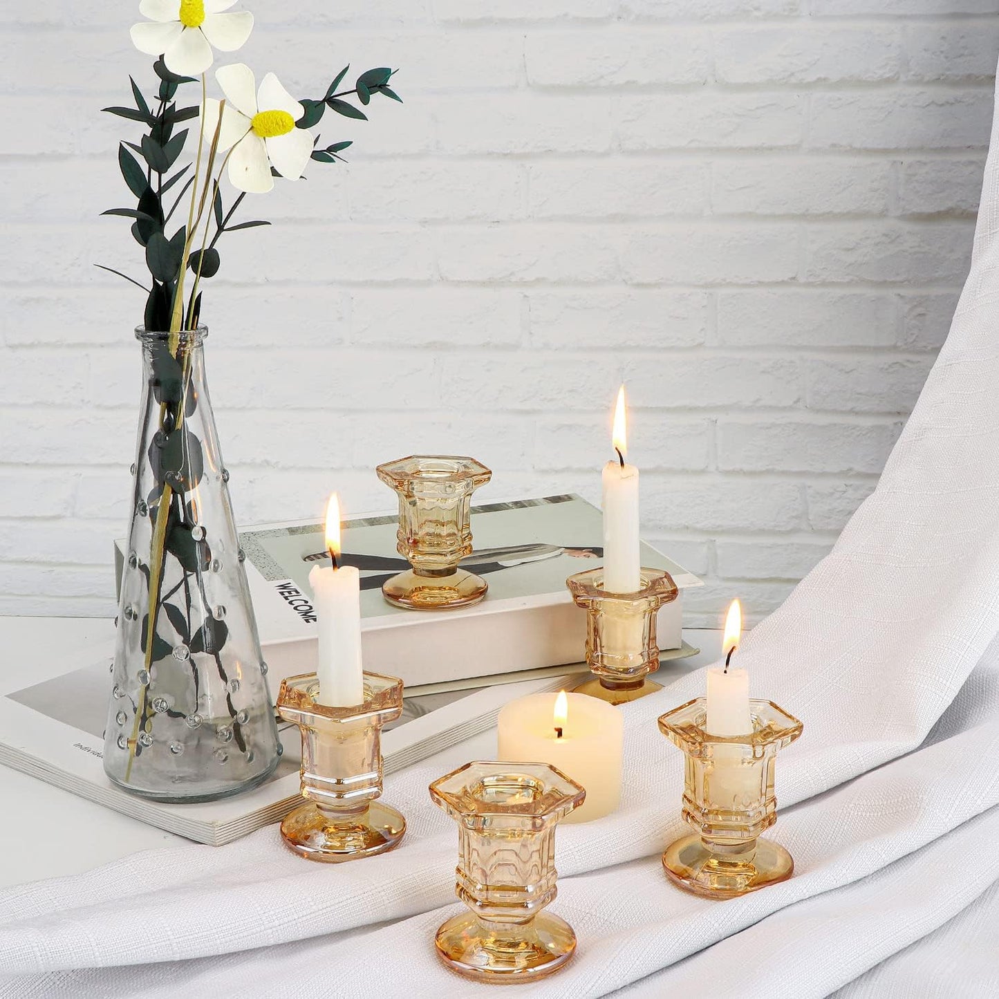 Lanttu Candlestick Holders Bulk, 12 Pcs Glass Candle Holders Set Clear, Crystal Taper Candle Holder for Wedding, Table Centerpiece, Home Decoration