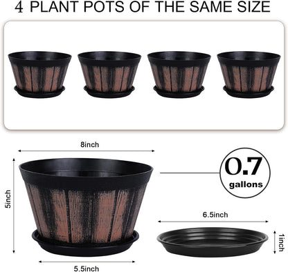 Quarut 3 Pack 10 inch Plant Pots,Whiskey Barrel Planters with Drainage Holes & Saucer, Plastic Decoration Flower Pots Imitation Wine Barrel Design, for Indoor & Outdoor Garden Home Plants (Brown)