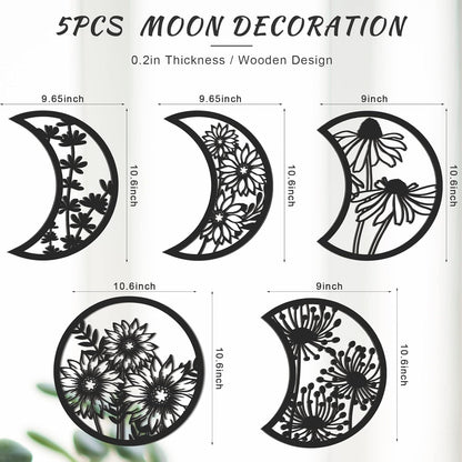 Jetec 5 Pcs Moon Phase Wall Art Decor Wall Pediments Hanging Wooden Phase Spiritual Bedroom Nordic Boho Lunar Aesthetic Art for Living Room Dorm Apartment Ornament(Brown,10.6 Inch,Botanical)