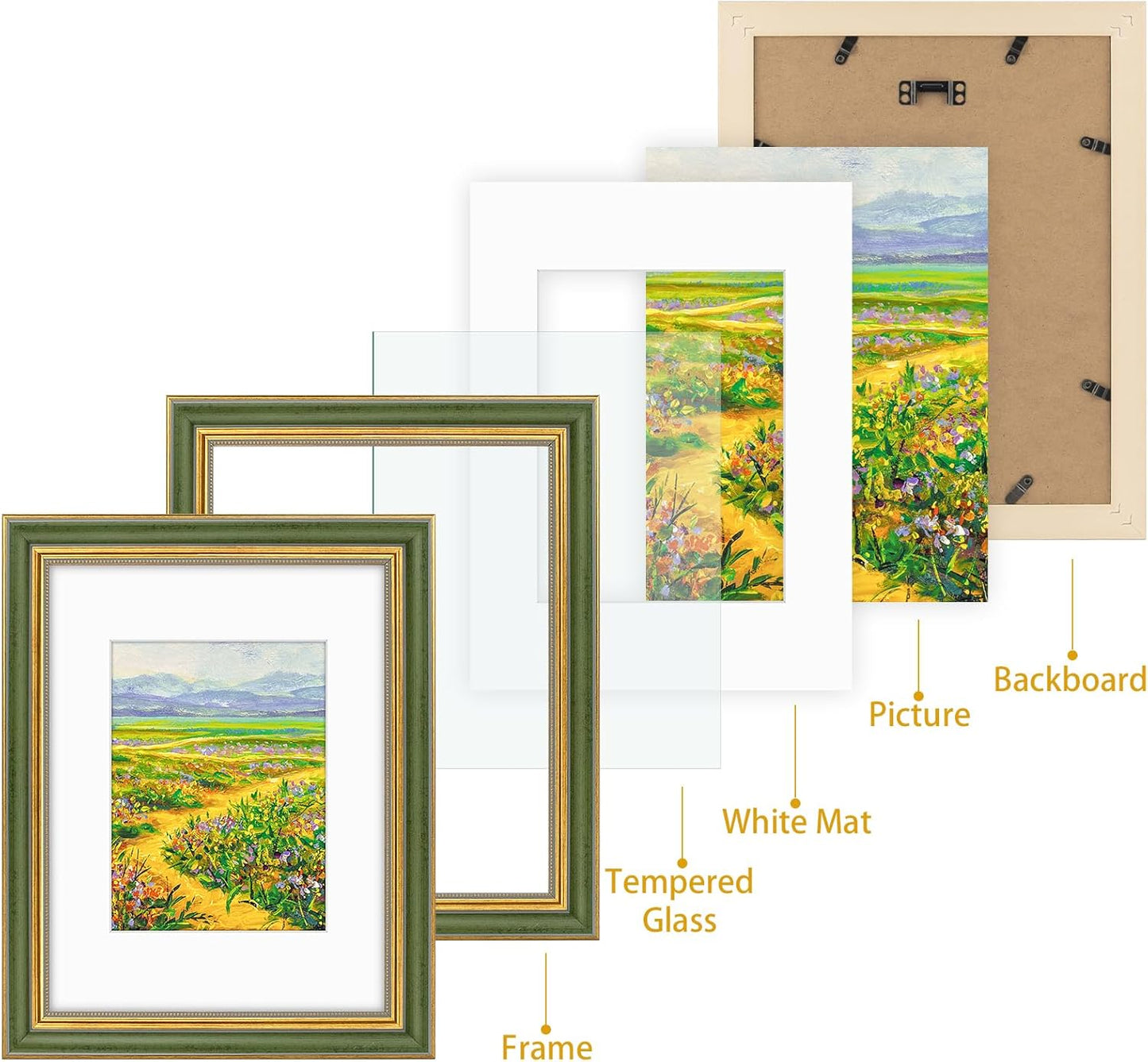 Golden State Art,11x14 Ornate Picture Frame for 8x10 Photo with Mat or 11 x 14 Prints without Mat,Real Glass Wall Display(Color:Green Gold)